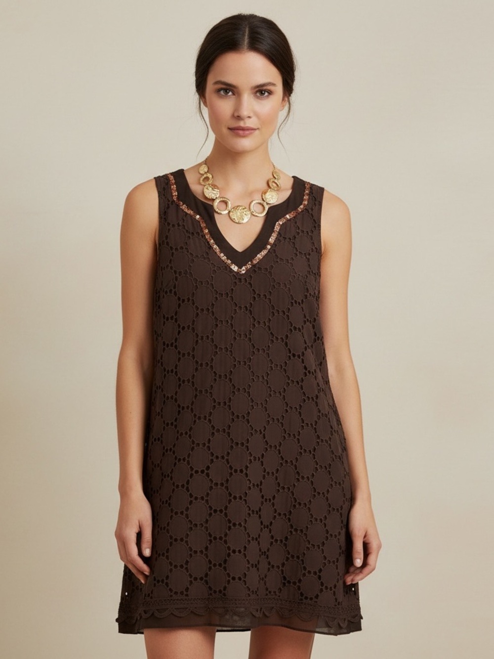 Hale Bob Brown Cabana Dress & Golden Necklace
